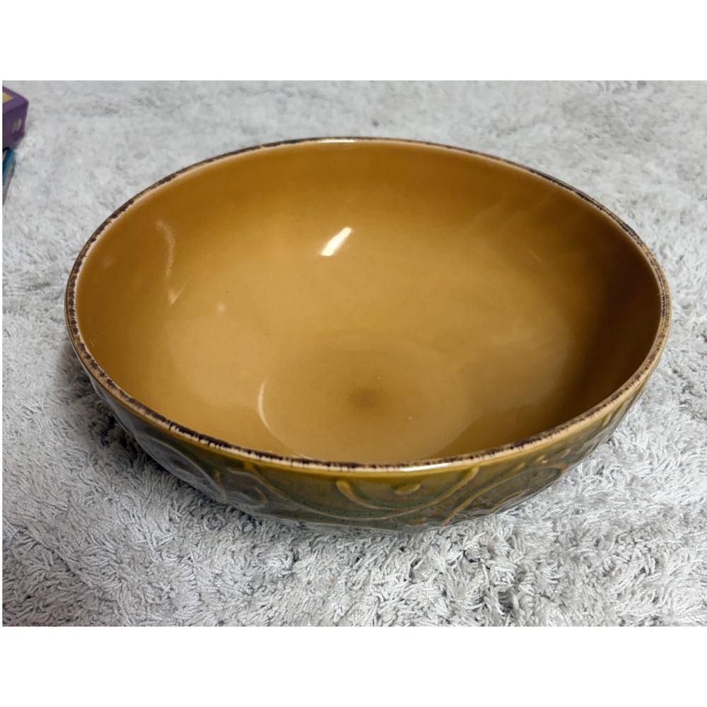 Pfaltzgraff Passage Serving Bowl Brown Ochre Embossed‎ Scroll Stoneware 9.5 Inch